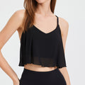 Flowy Mesh Overlay Cross Back Padded Yoga Bra - Black