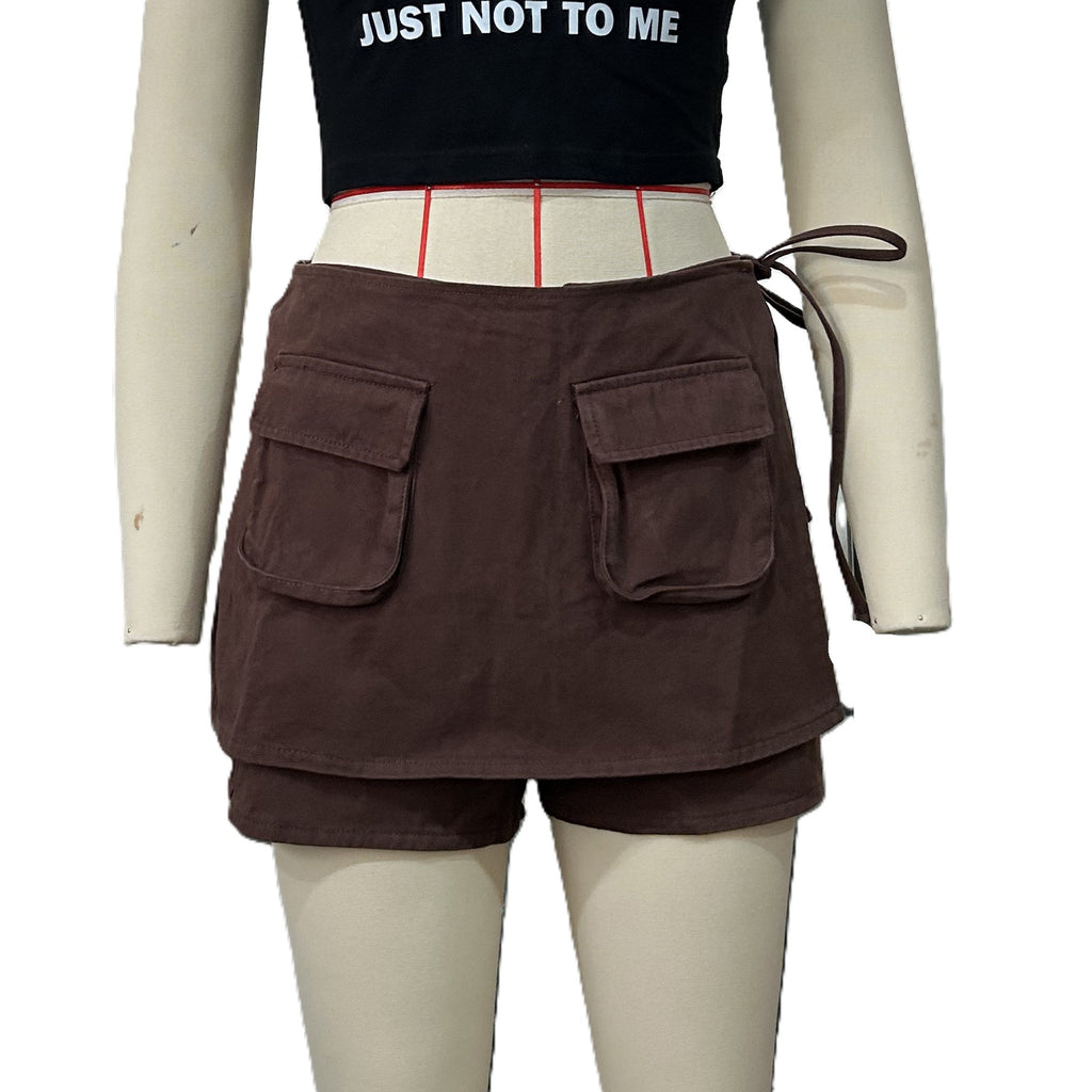 Patch Pocket Skirt Overlay Shorts - Coffee