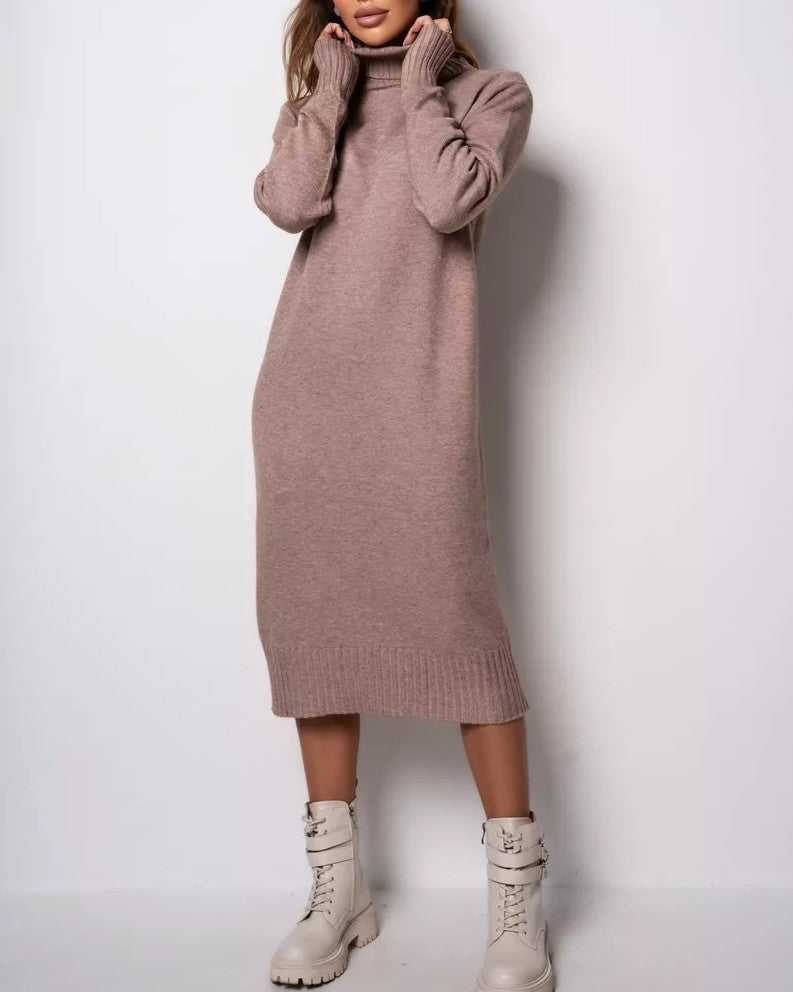 Oversized Turtleneck Midi Sweater Dress - Camel - 1