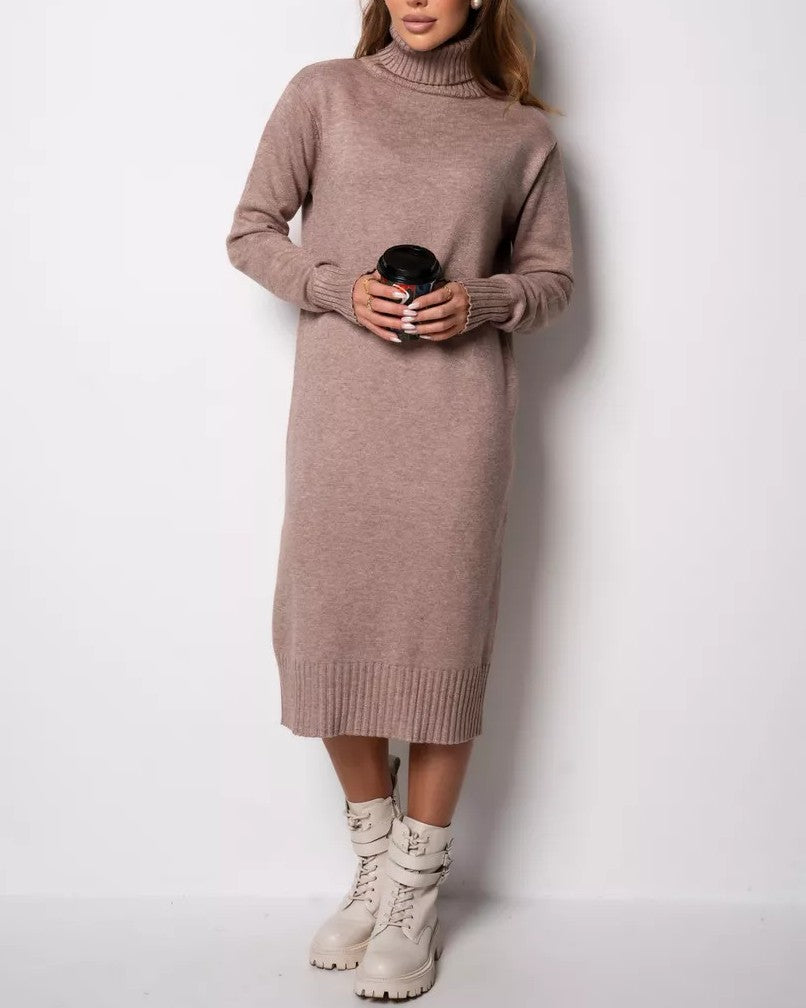 Oversized Turtleneck Midi Sweater Dress - Camel - 2