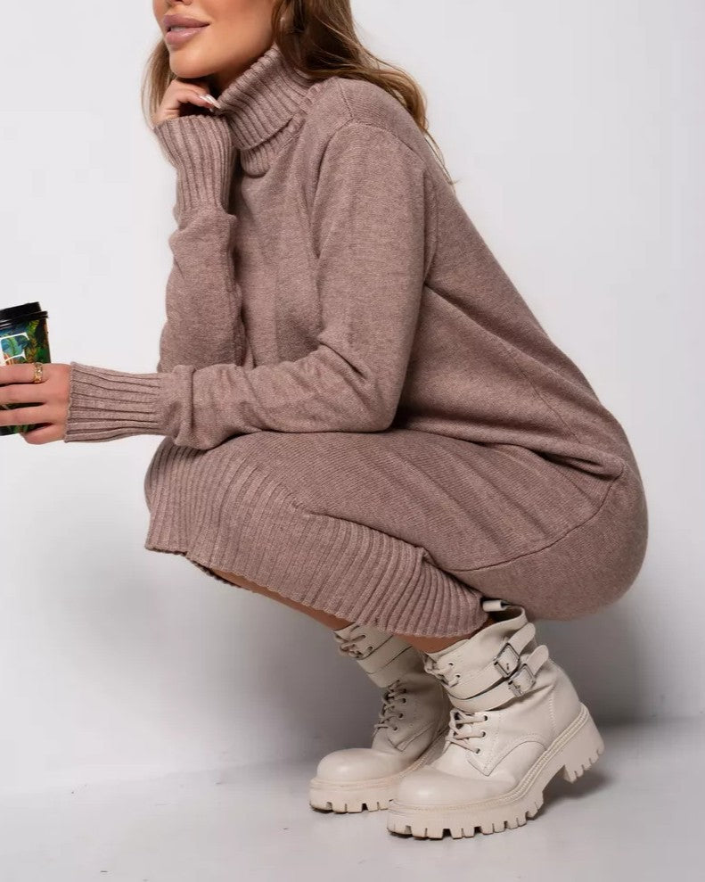 Oversized Turtleneck Midi Sweater Dress - Camel - 3