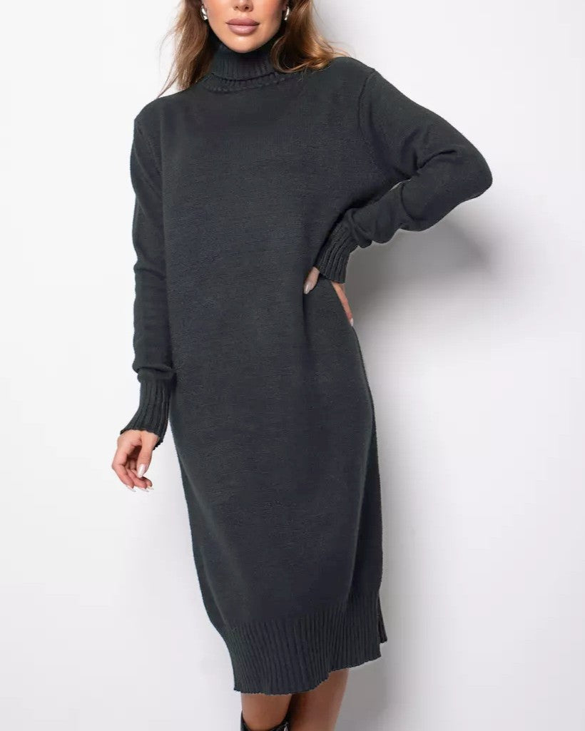 Oversized Turtleneck Midi Sweater Dress - Dark-Gray