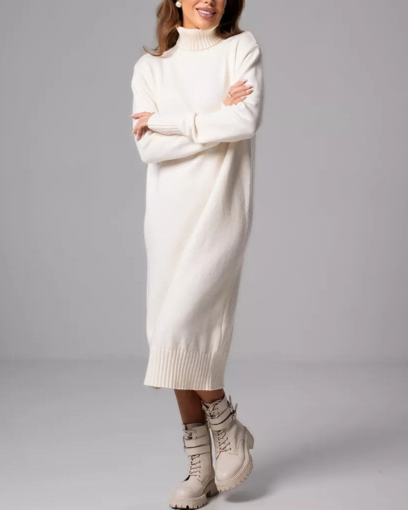Oversized Turtleneck Midi Sweater Dress - White