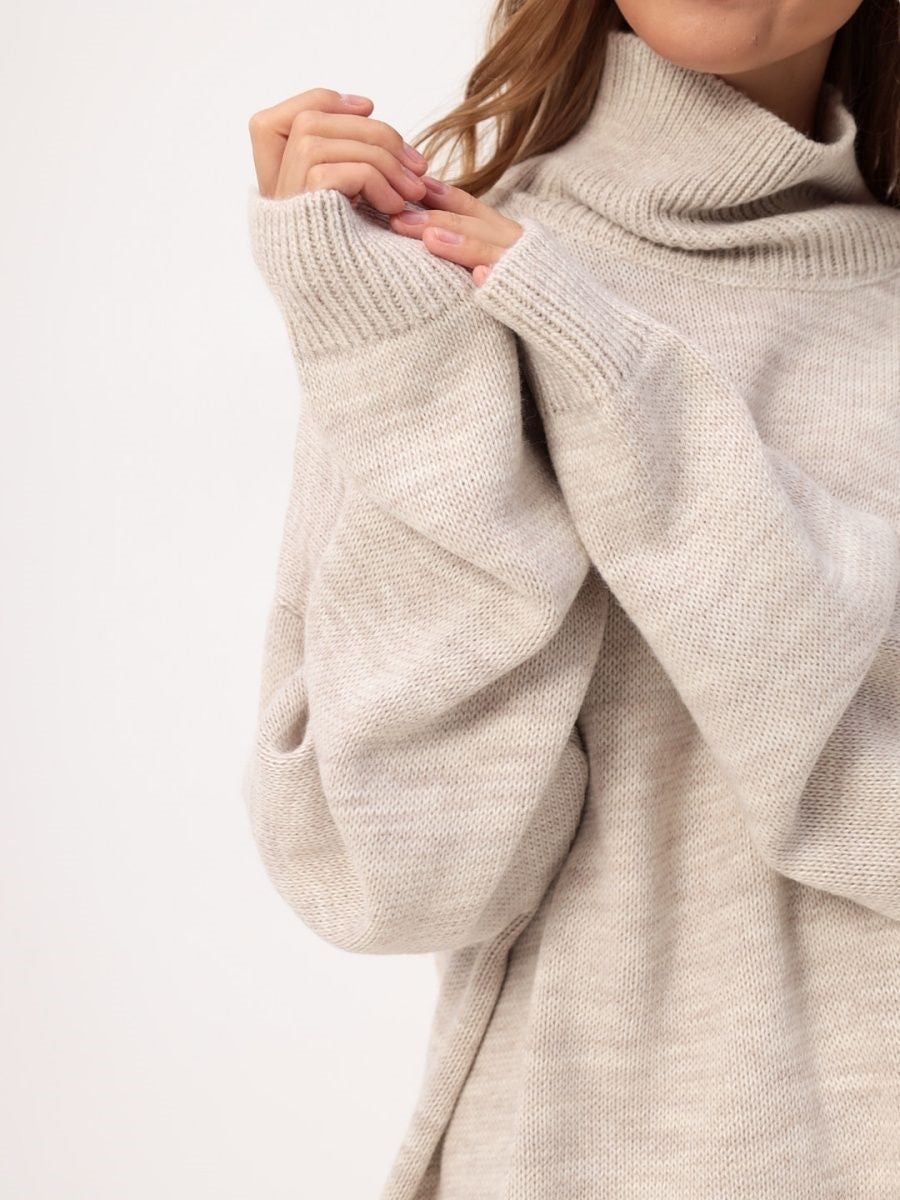 Turtleneck Longline Knit Sweater With Side Slits - Apricot - 1