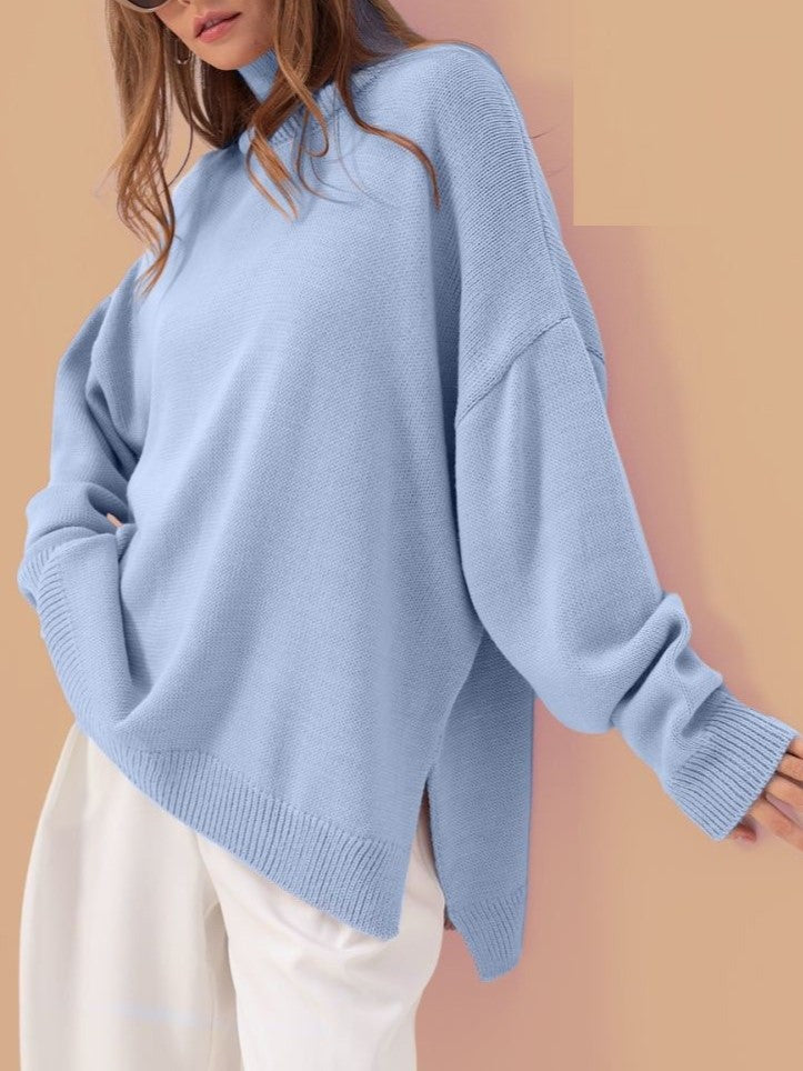 Turtleneck Longline Knit Sweater With Side Slits - Blue - 1