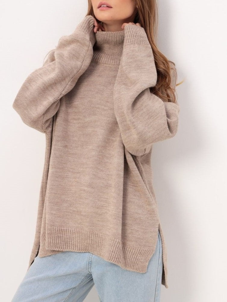 Turtleneck Longline Knit Sweater With Side Slits - Camel - 1