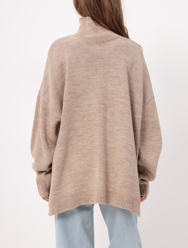 Turtleneck Longline Knit Sweater With Side Slits - Camel - 2