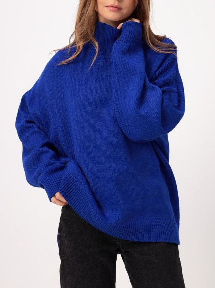 Turtleneck Longline Knit Sweater With Side Slits - Darkblue