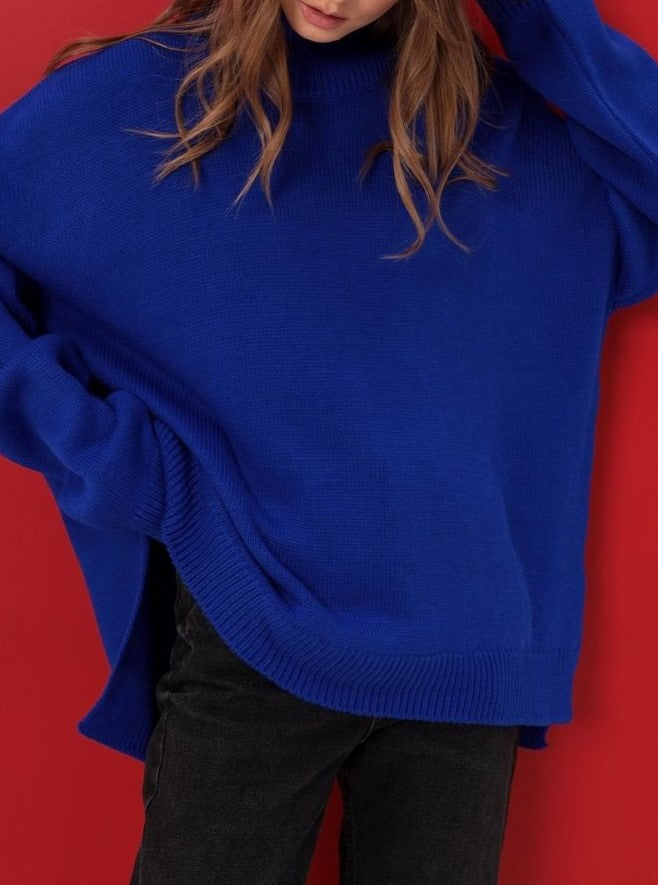 Turtleneck Longline Knit Sweater With Side Slits - Darkblue - 1