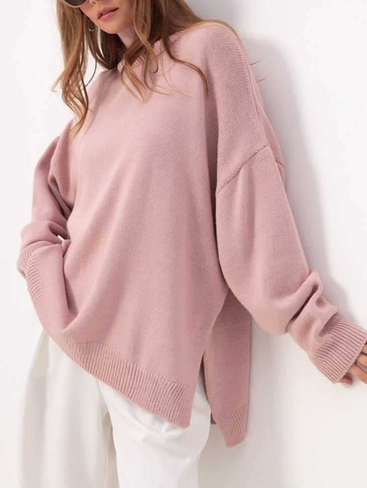 Turtleneck Longline Knit Sweater With Side Slits - Pink
