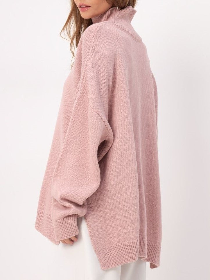 Turtleneck Longline Knit Sweater With Side Slits - Pink - 1