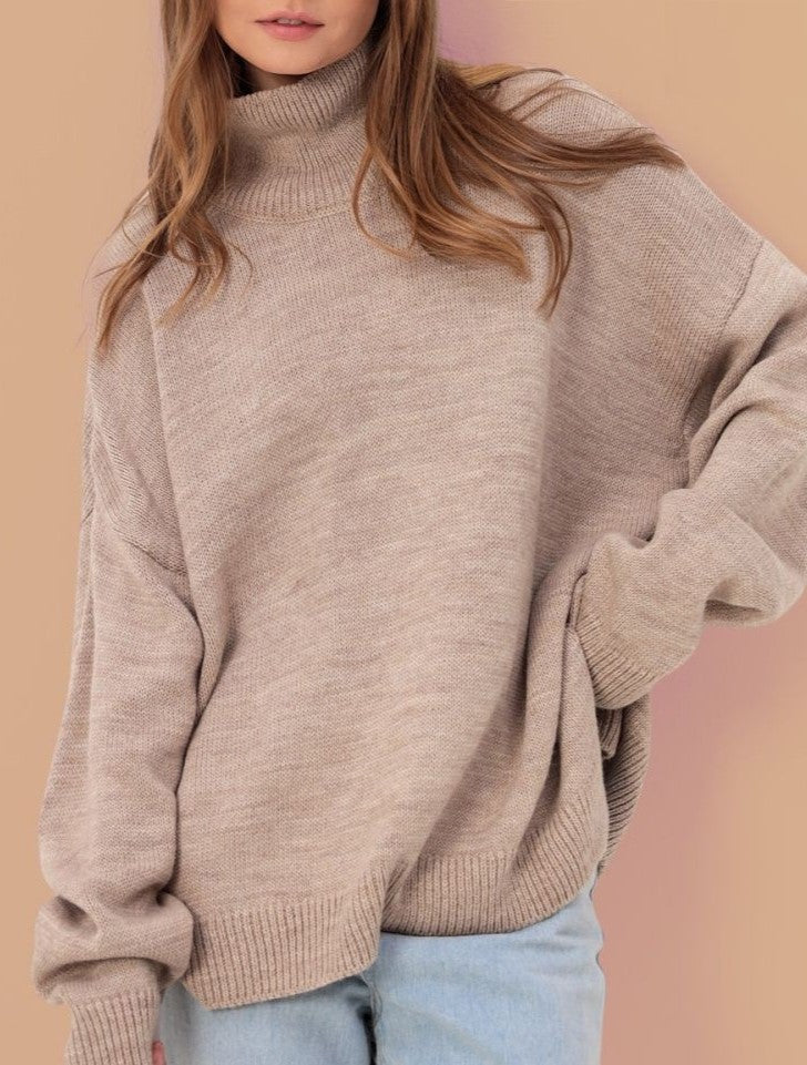 Turtleneck Longline Knit Sweater With Side Slits - view 1