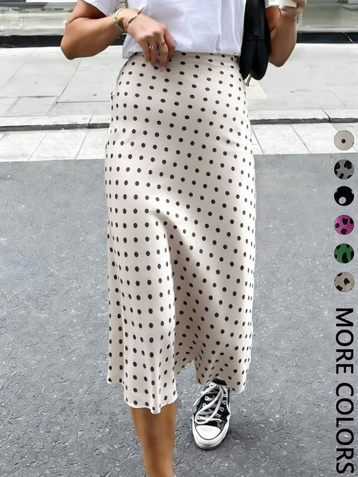 Satin Leopard Dot Print High Waist Midi Skirt - BeigeDot