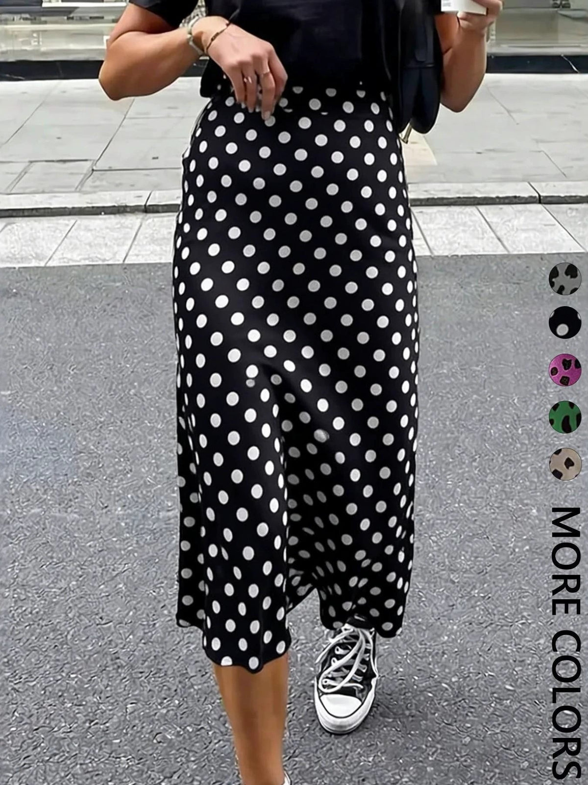 Satin Leopard Dot Print High Waist Midi Skirt - BlackDot