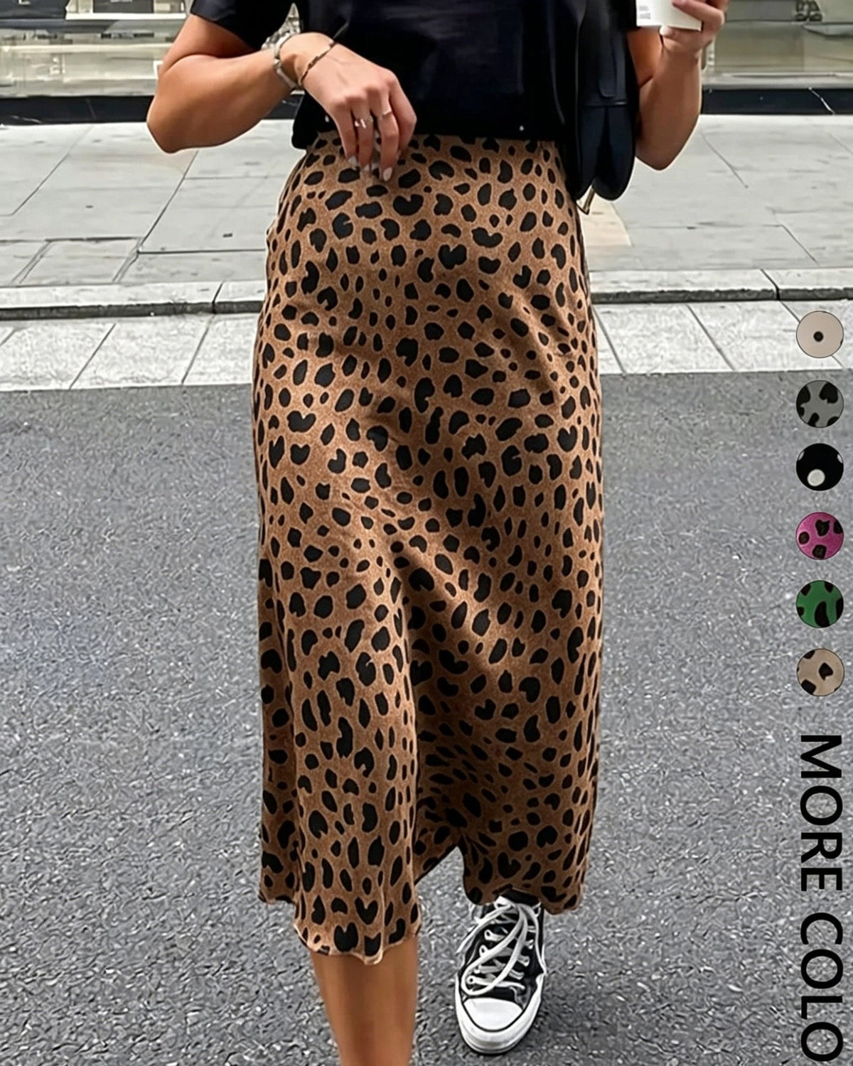 Satin Leopard Dot Print High Waist Midi Skirt - Coffee