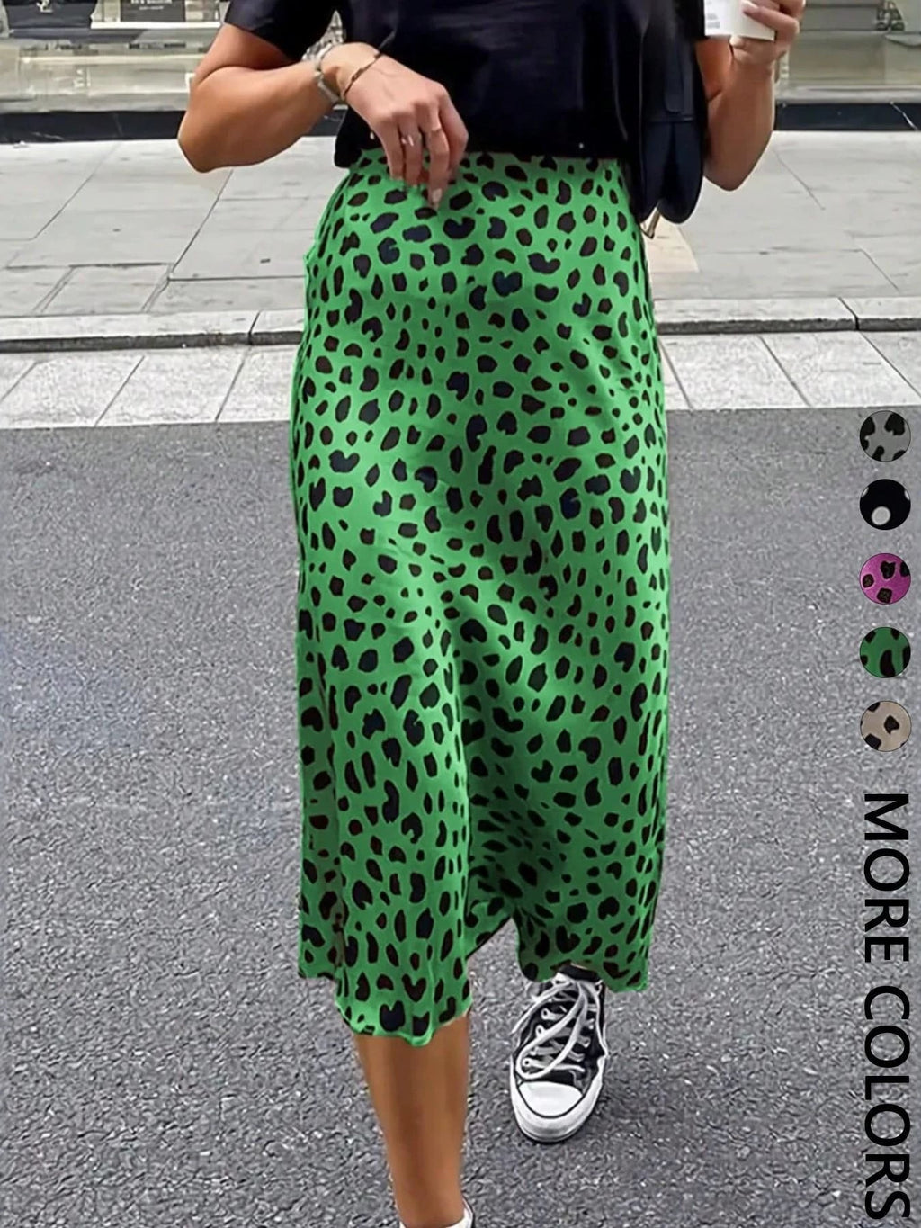 Satin Leopard Dot Print High Waist Midi Skirt - Green