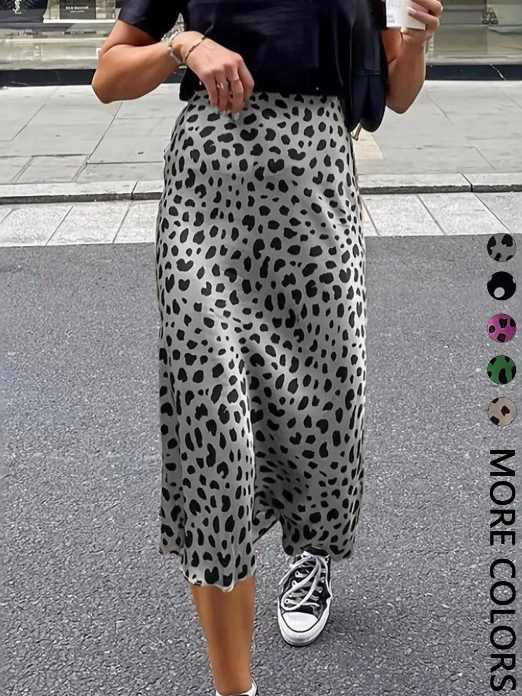 Satin Leopard Dot Print High Waist Midi Skirt - Grey