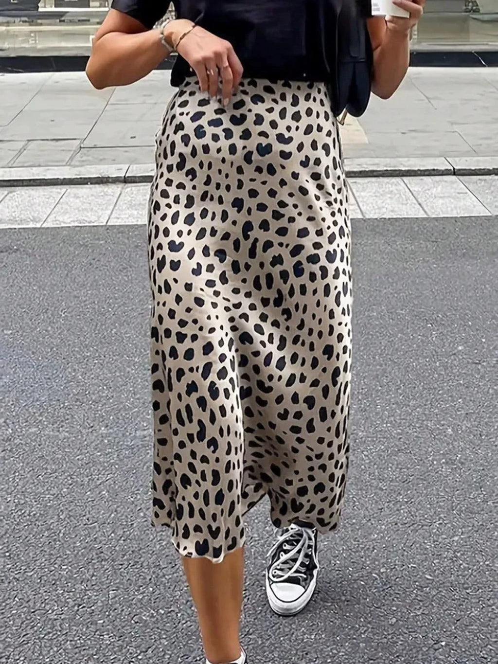 Satin Leopard Dot Print High Waist Midi Skirt - Khaki