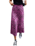Satin Leopard Dot Print High Waist Midi Skirt - Purple