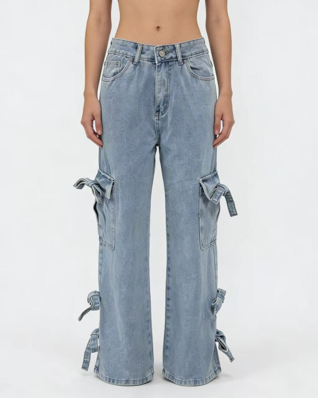 Light Wash Side Bow Cargo Jeans - Blue