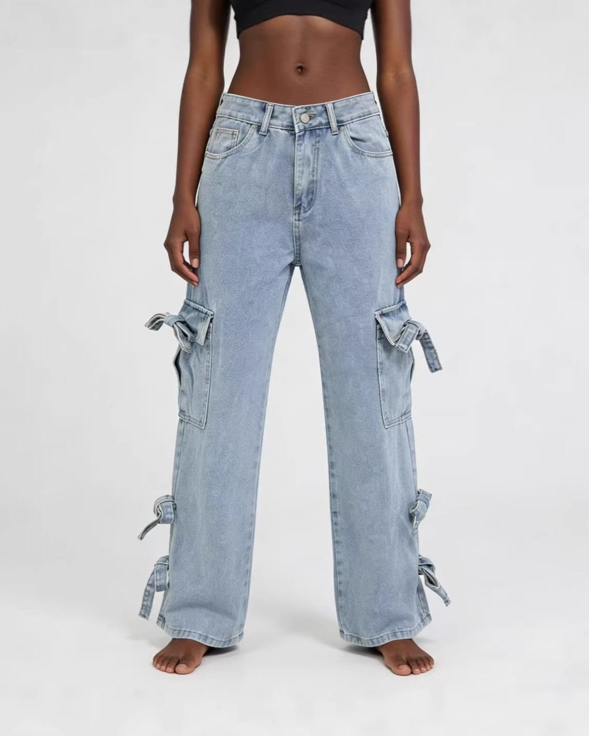 Light Wash Side Bow Cargo Jeans - Blue - 1