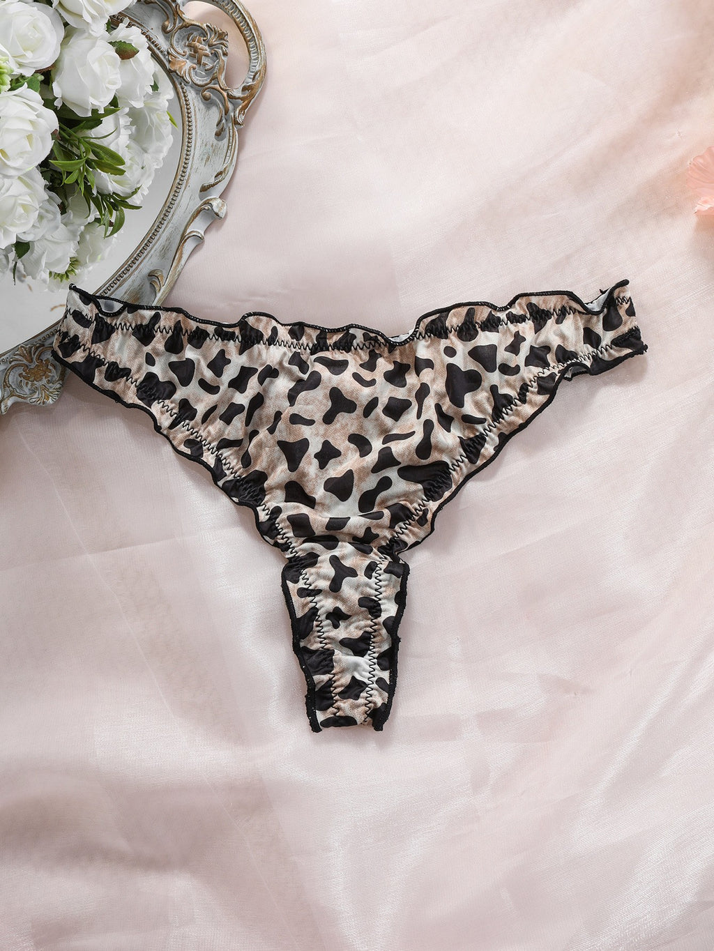 Printed Satin Ruffle Trim Low Rise Thong - Big Leopard