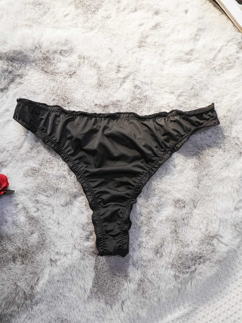 Printed Satin Ruffle Trim Low Rise Thong - Black