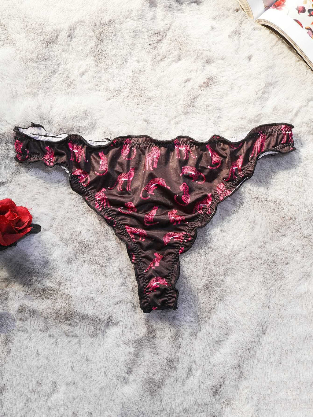 Printed Satin Ruffle Trim Low Rise Thong - Black Cheetah
