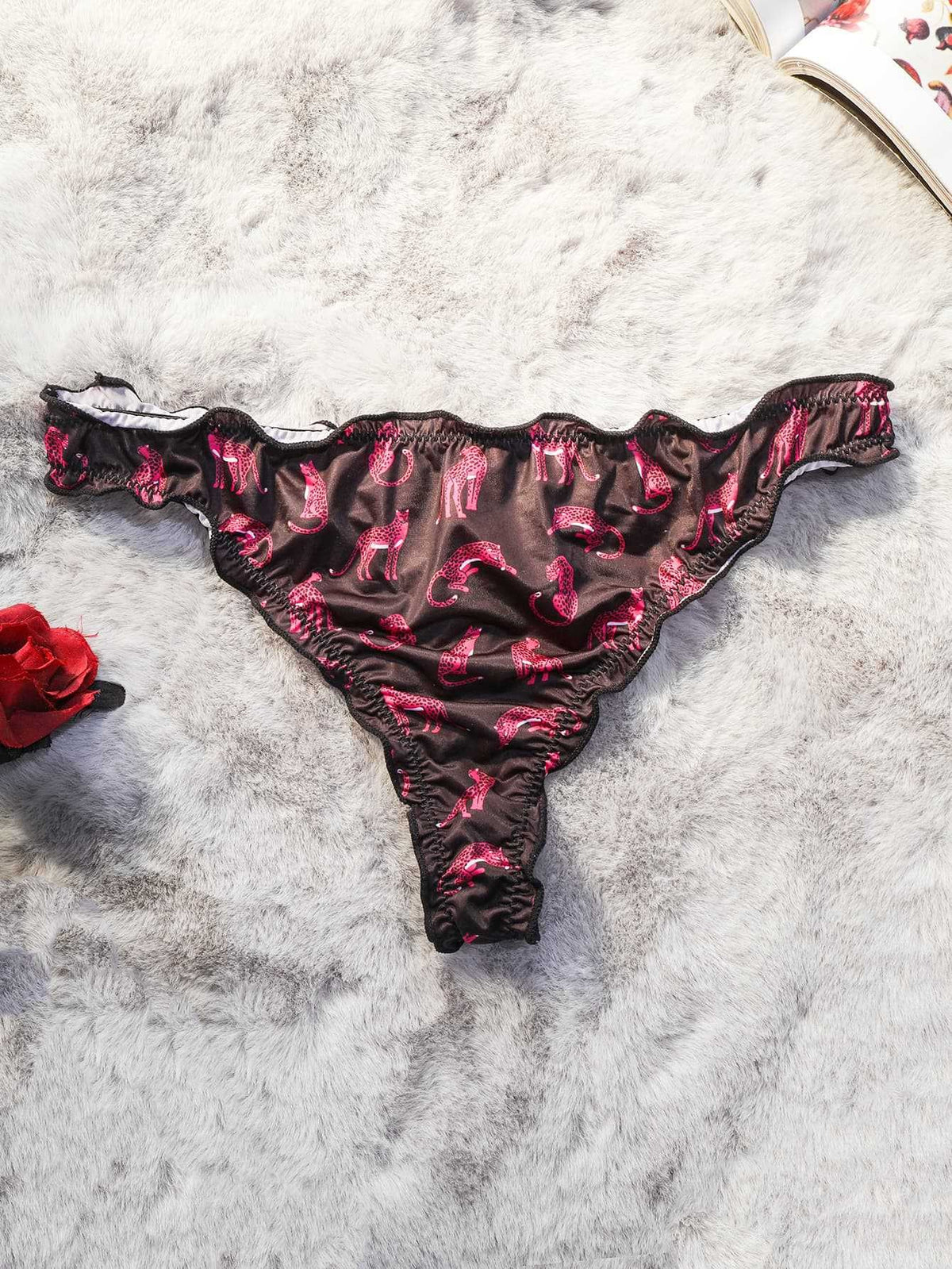 Printed Satin Ruffle Trim Low Rise Thong - Black Cheetah