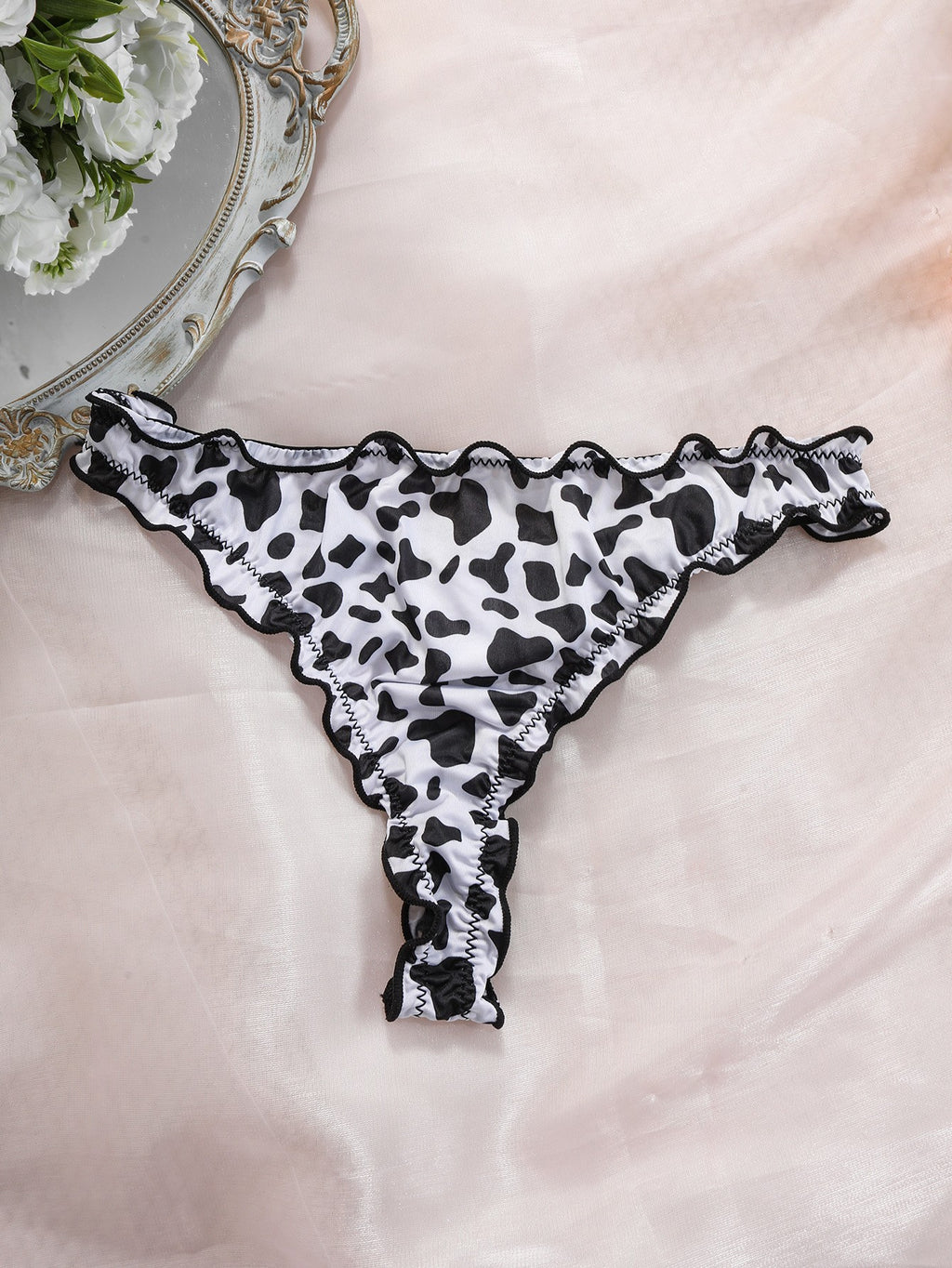 Printed Satin Ruffle Trim Low Rise Thong - Cow Print