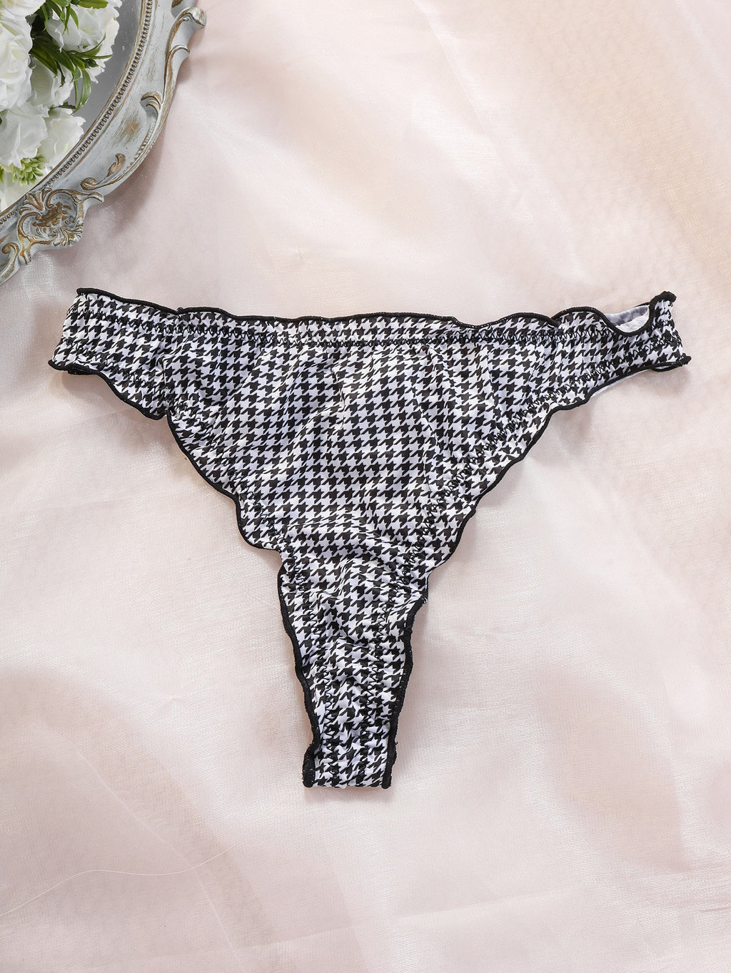 Printed Satin Ruffle Trim Low Rise Thong - Houndstooth