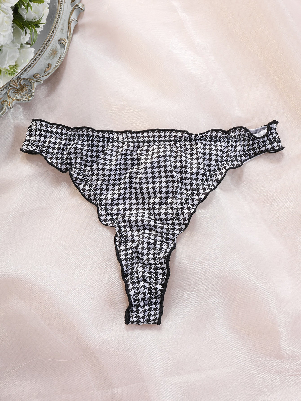 Printed Satin Ruffle Trim Low Rise Thong - Houndstooth