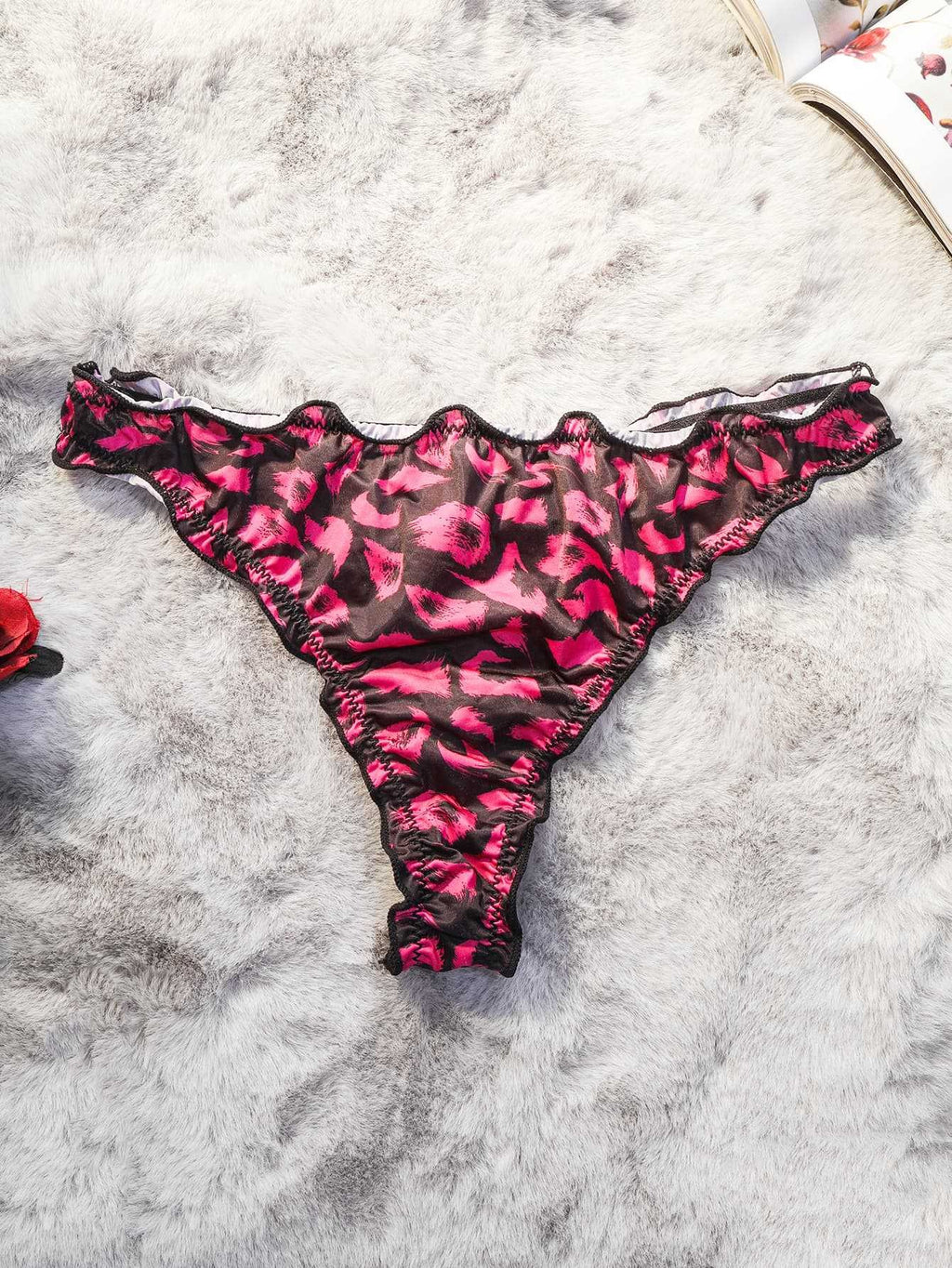 Printed Satin Ruffle Trim Low Rise Thong - Noir Leopard
