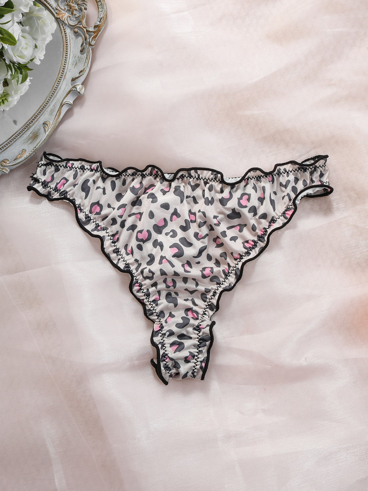 Printed Satin Ruffle Trim Low Rise Thong - Pink Leopard