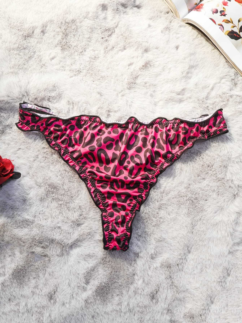 Printed Satin Ruffle Trim Low Rise Thong - Rose Leopard