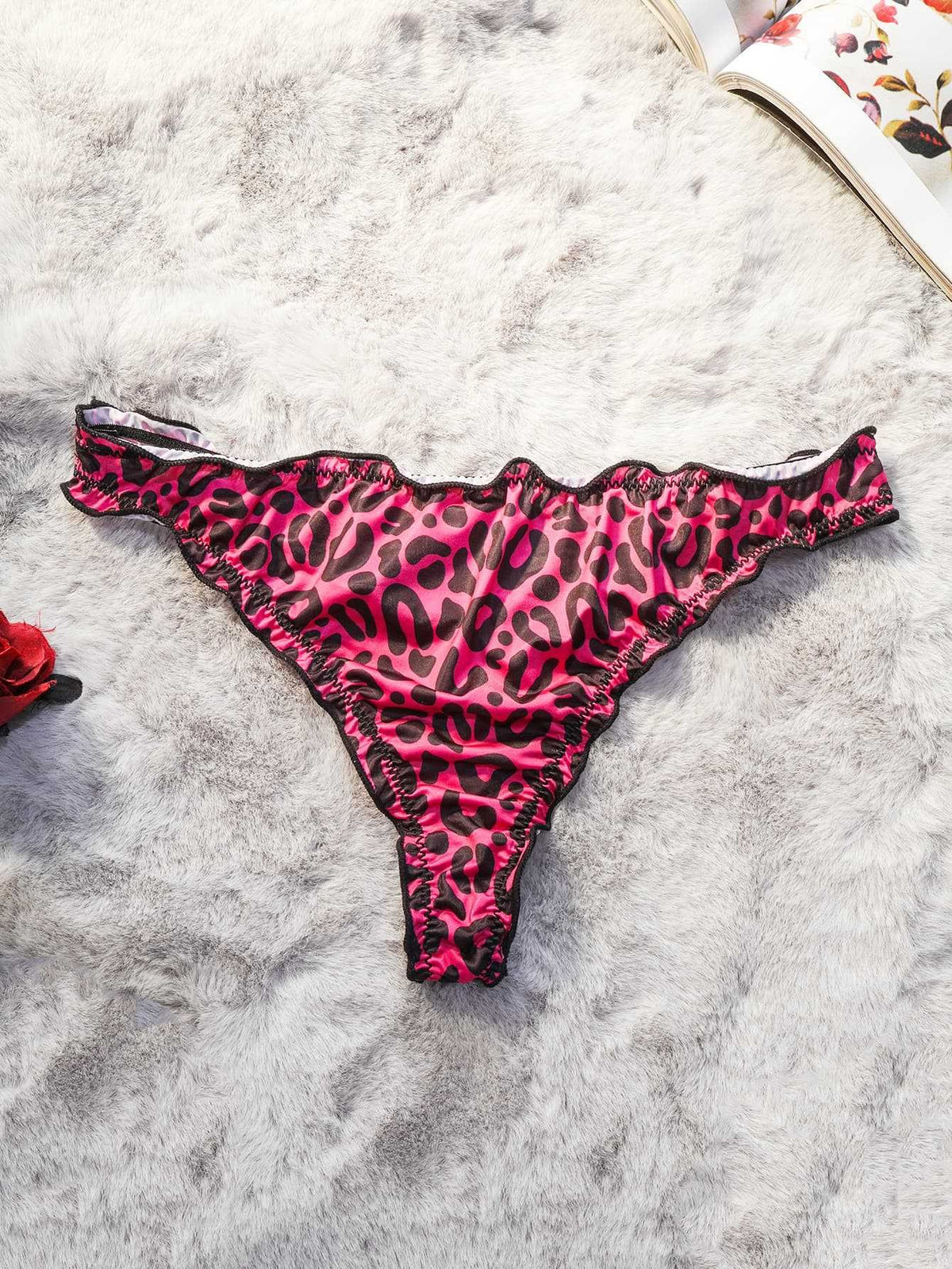Printed Satin Ruffle Trim Low Rise Thong - Rose Leopard