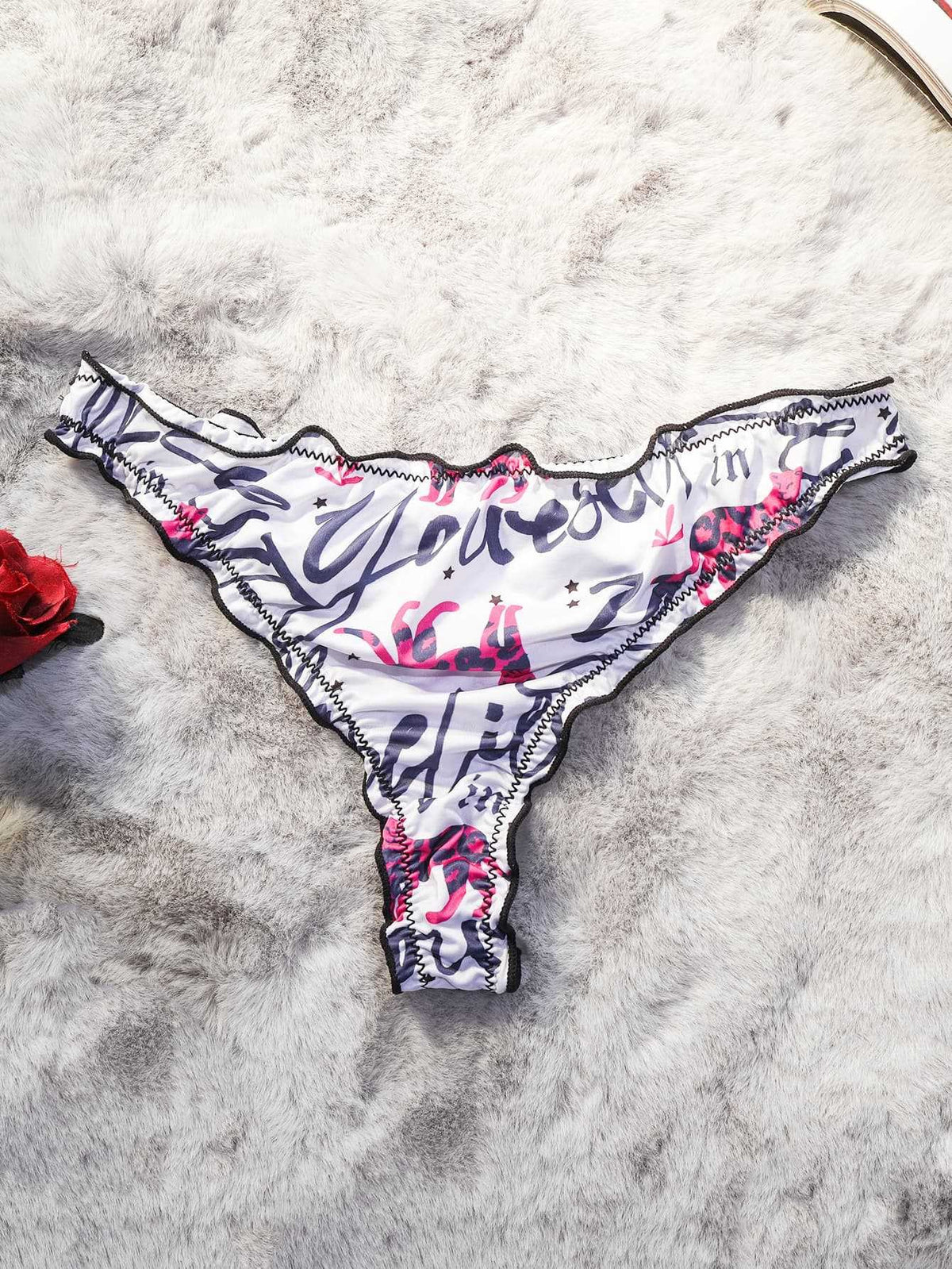Printed Satin Ruffle Trim Low Rise Thong - Script Leopard