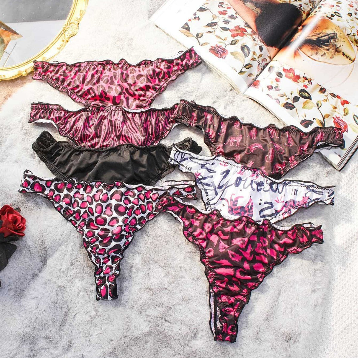 Printed Satin Ruffle Trim Low Rise Thong