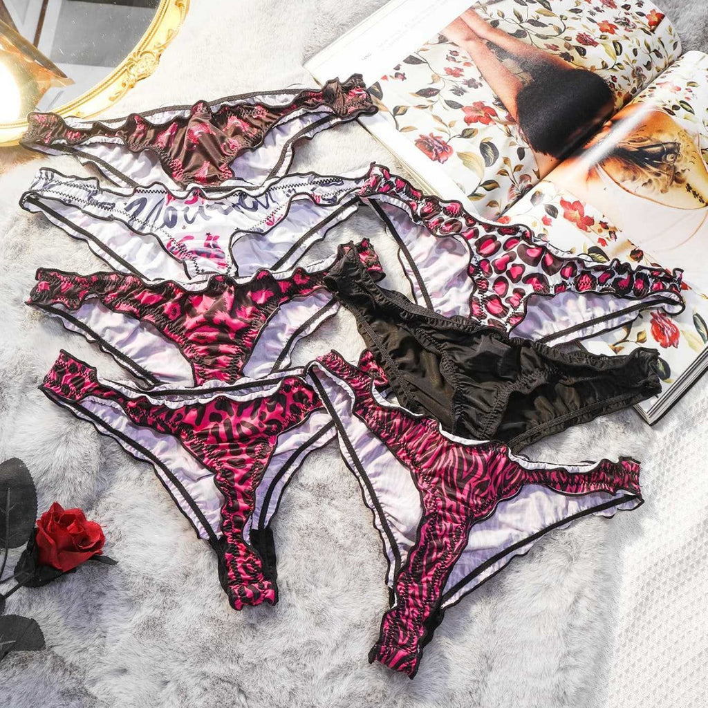 Printed Satin Ruffle Trim Low Rise Thong