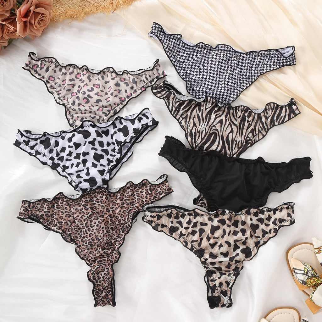 Printed Satin Ruffle Trim Low Rise Thong