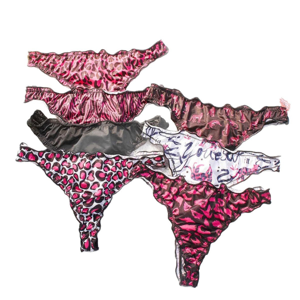 Printed Satin Ruffle Trim Low Rise Thong