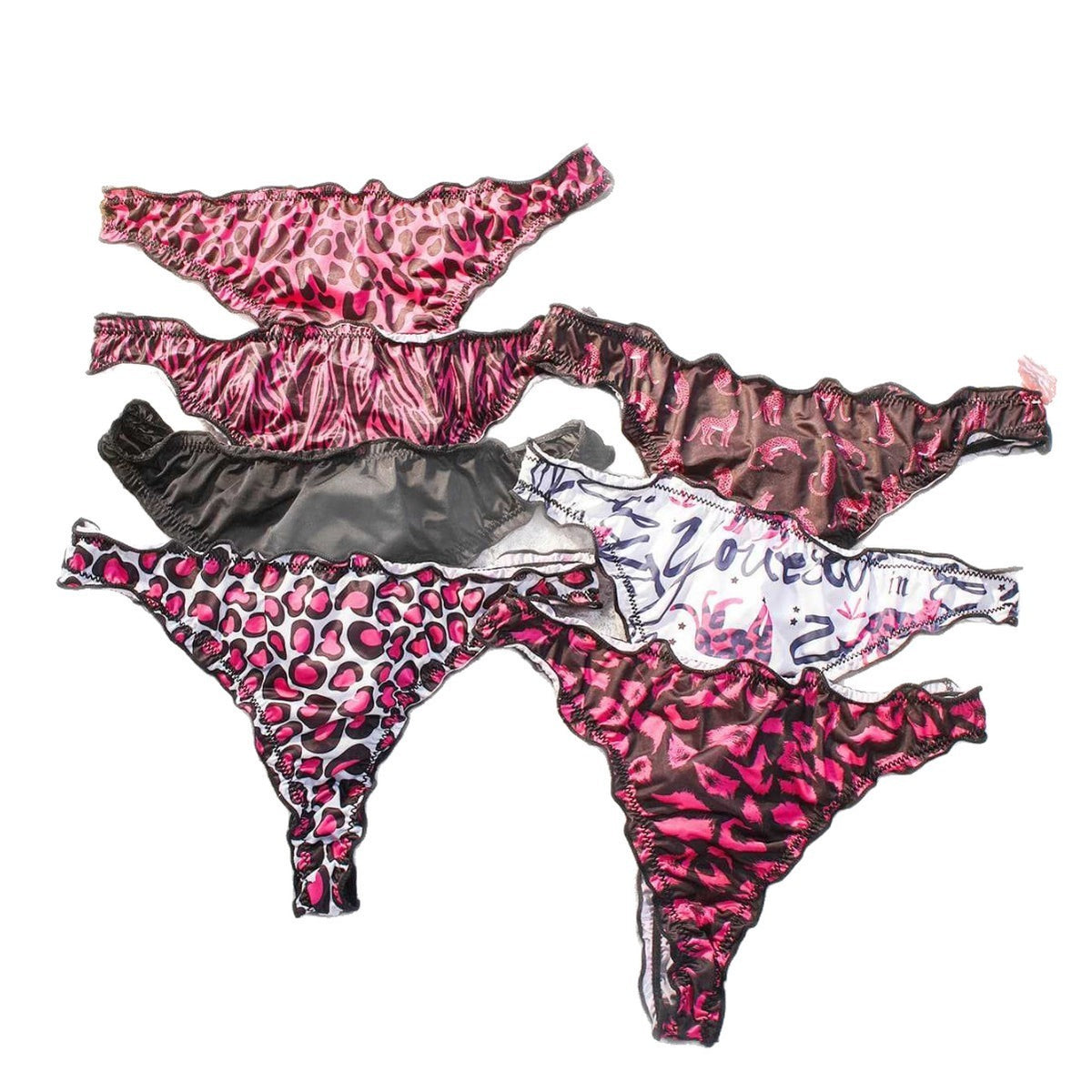 Printed Satin Ruffle Trim Low Rise Thong