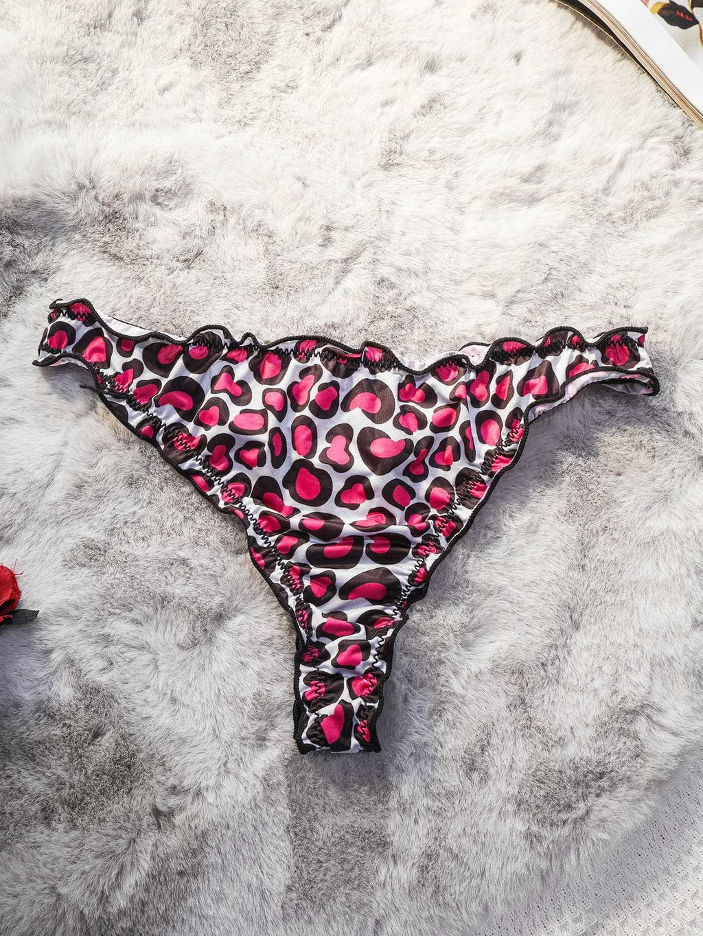 Printed Satin Ruffle Trim Low Rise Thong