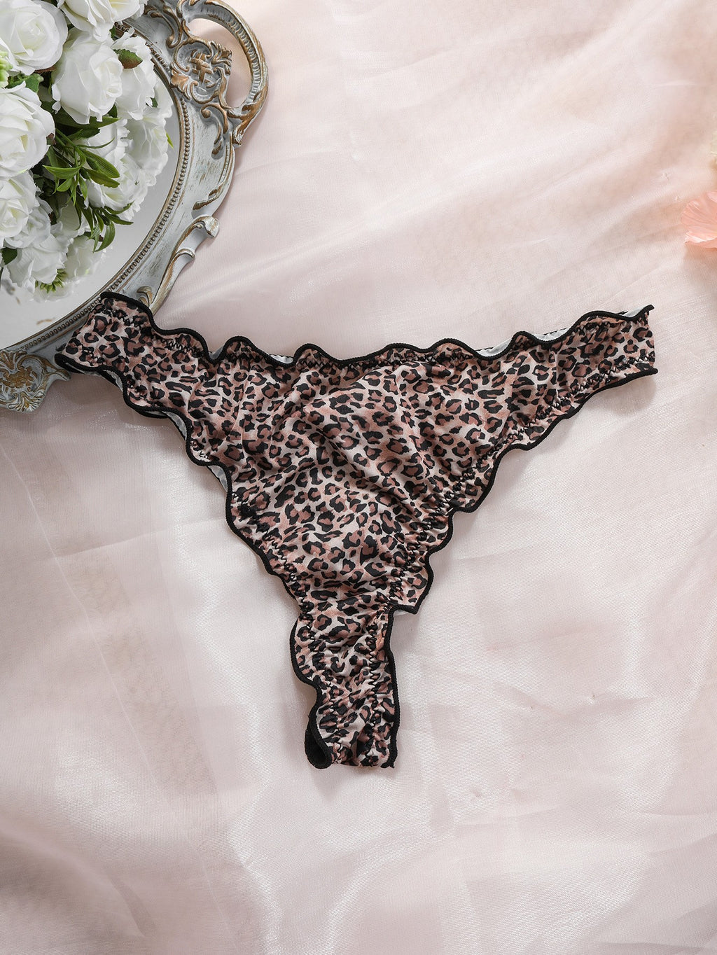 Printed Satin Ruffle Trim Low Rise Thong