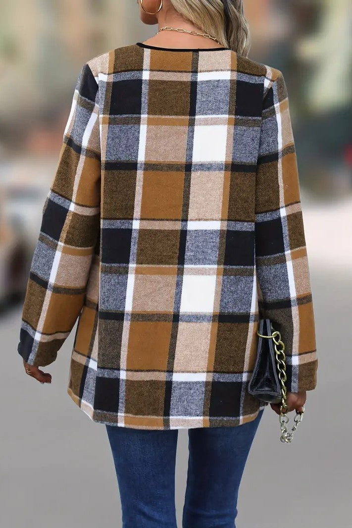 Plaid Waterfall Lapel Open Front Jacket - Coffee - 2