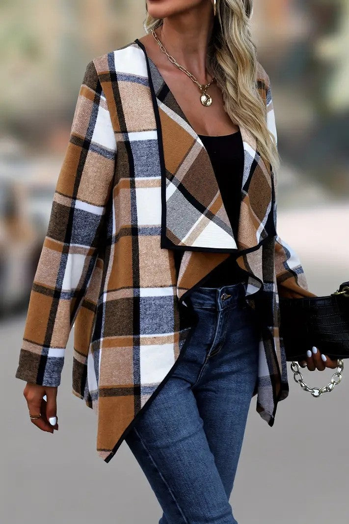 Plaid Waterfall Lapel Open Front Jacket - Coffee - 4