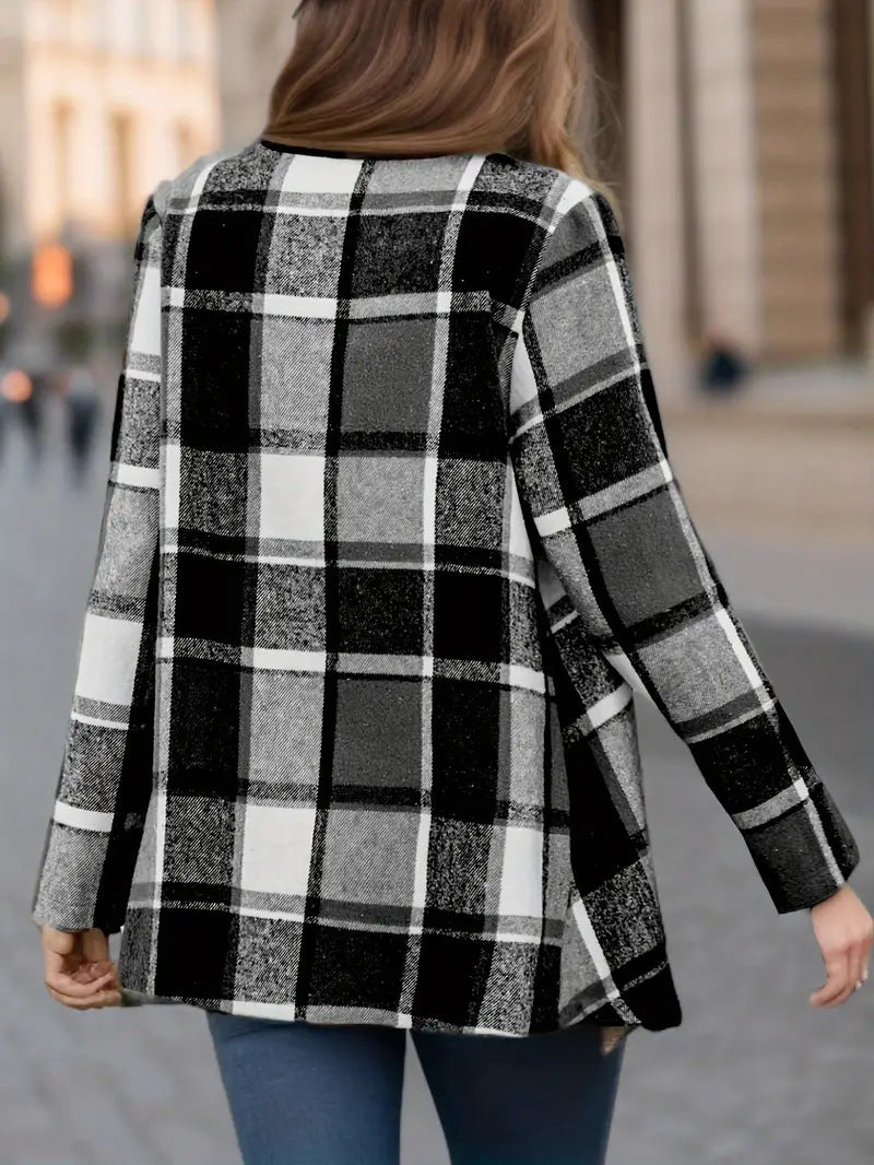 Plaid Waterfall Lapel Open Front Jacket - Grey - 2