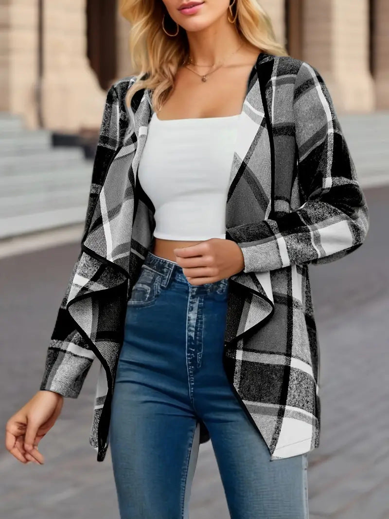 Plaid Waterfall Lapel Open Front Jacket - Grey - 4