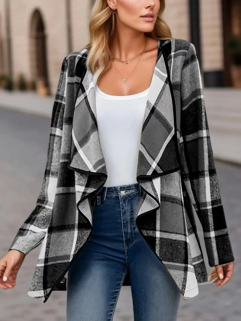 Plaid Waterfall Lapel Open Front Jacket - Grey - 5