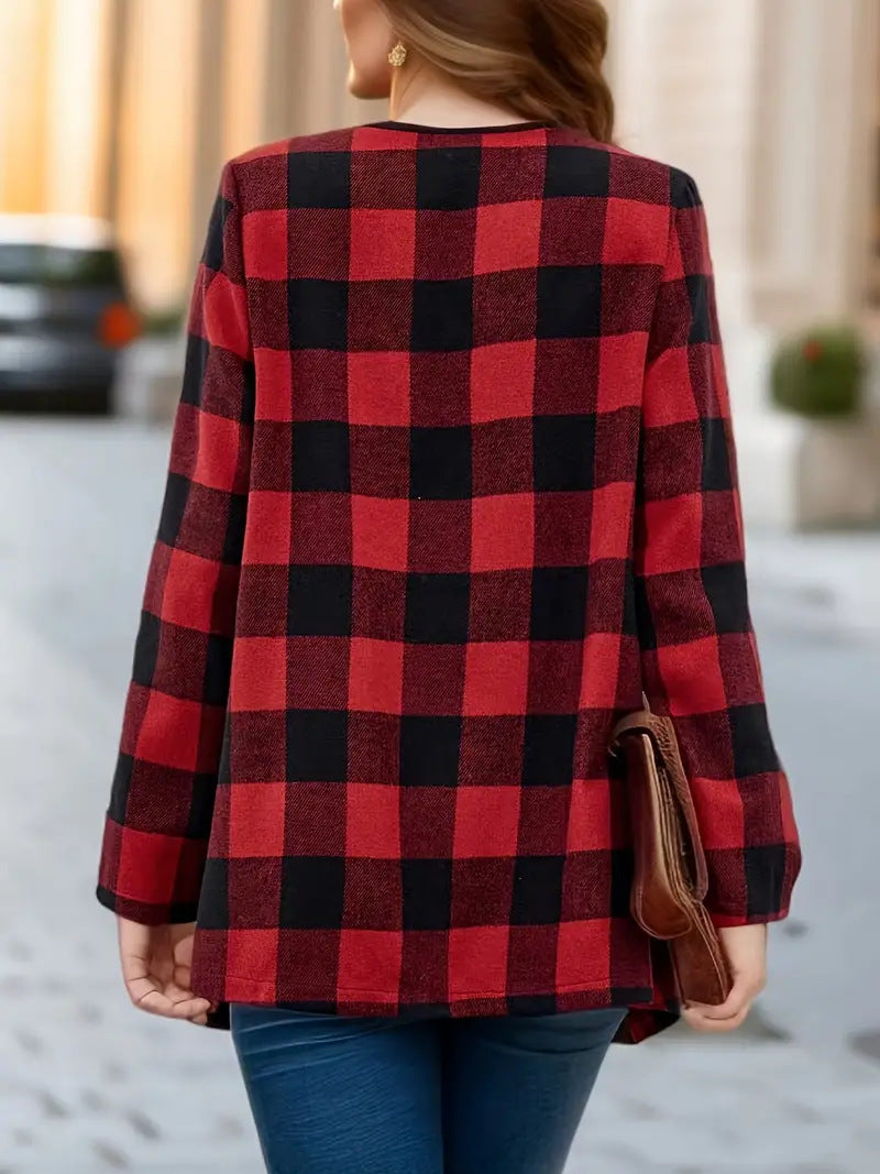 Plaid Waterfall Lapel Open Front Jacket - Red - 1